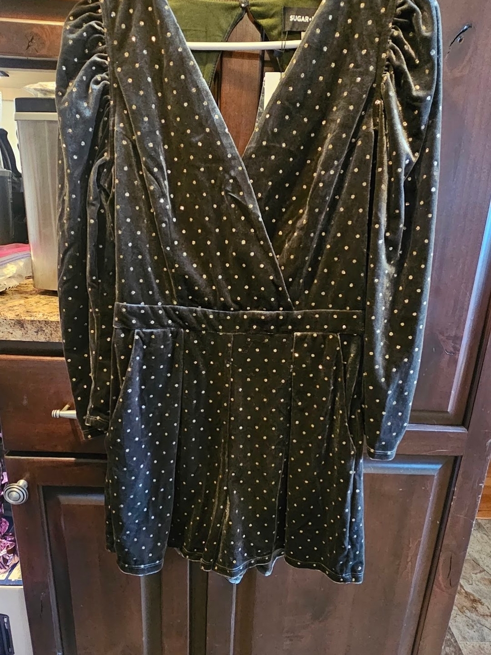 Sugar+ Lips Olive Green Velvet Long Sleeve Polka Dot Romper